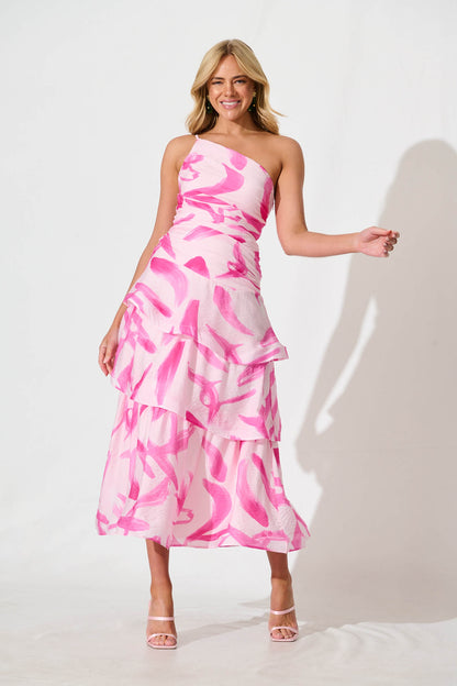 Lena One Shoulder Maxi Dress in Blush with Fuchsia Organza