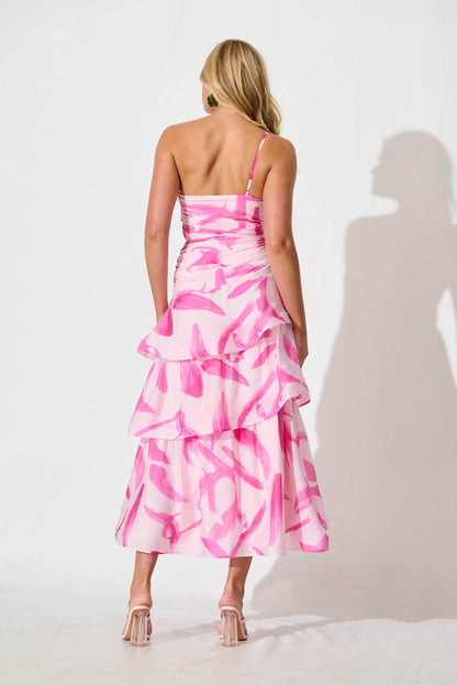 Lena One Shoulder Maxi Dress in Blush with Fuchsia Organza