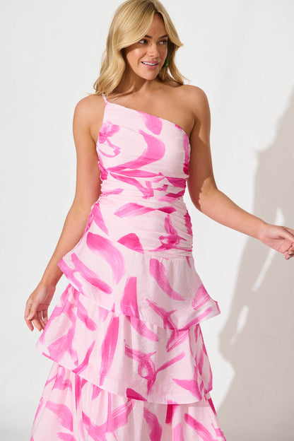 Lena One Shoulder Maxi Dress in Blush with Fuchsia Organza