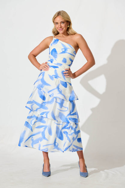 Lena One Shoulder Maxi Dress in White with Blue Organza
