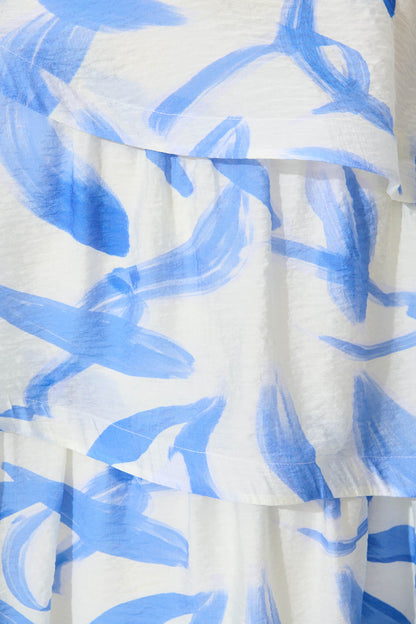 Lena One Shoulder Maxi Dress in White with Blue Organza