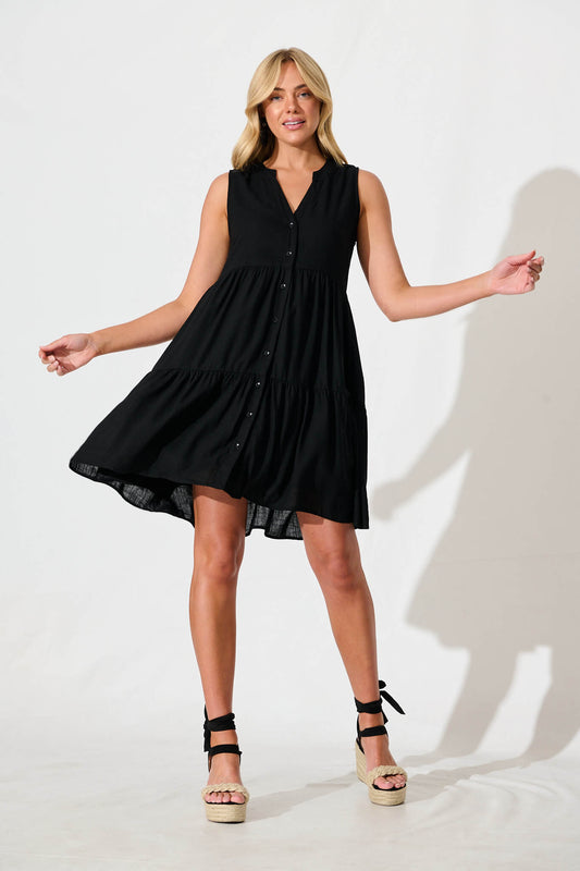 Melori Smock Dress in Black Linen Blend
