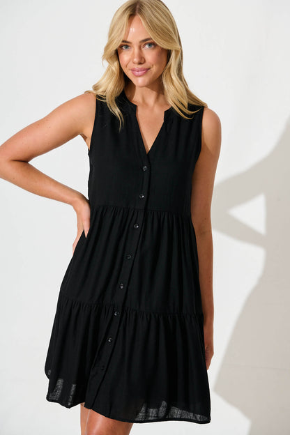 Melori Smock Dress in Black Linen Blend