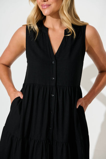 Melori Smock Dress in Black Linen Blend