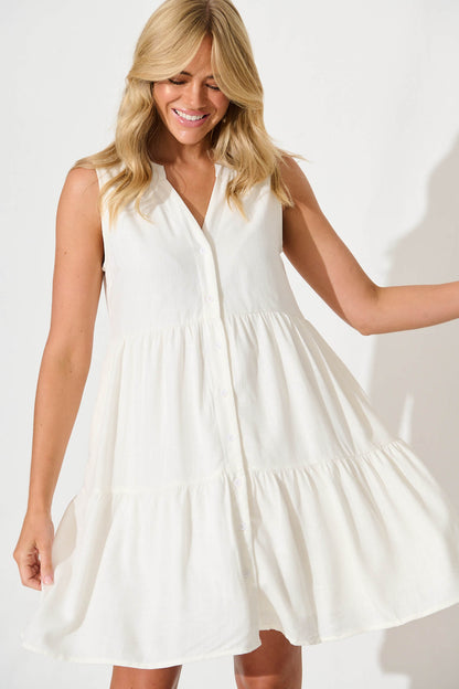 Melori Smock Dress in White Linen Blend