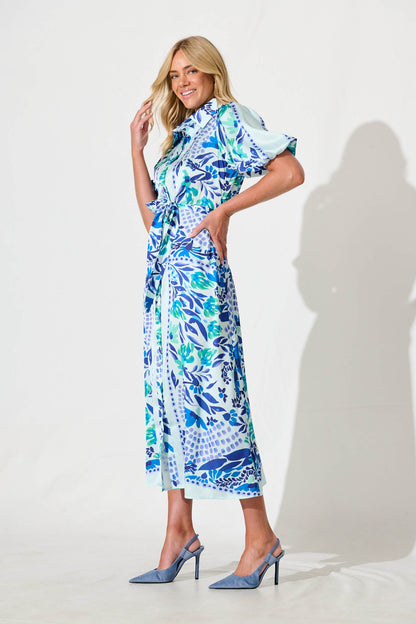 Gabriela Maxi Shirt Dress In Aqua with Blue Print Satin