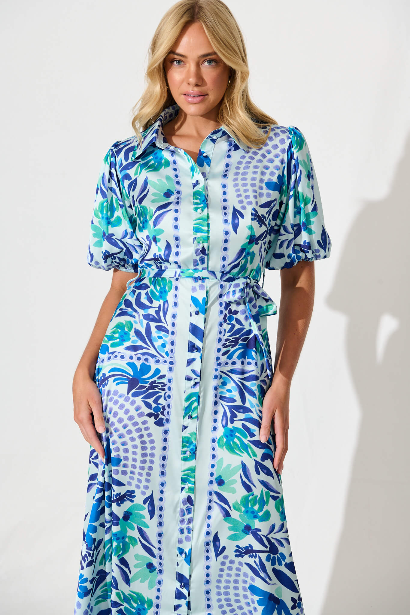 Gabriela Maxi Shirt Dress In Aqua with Blue Print Satin