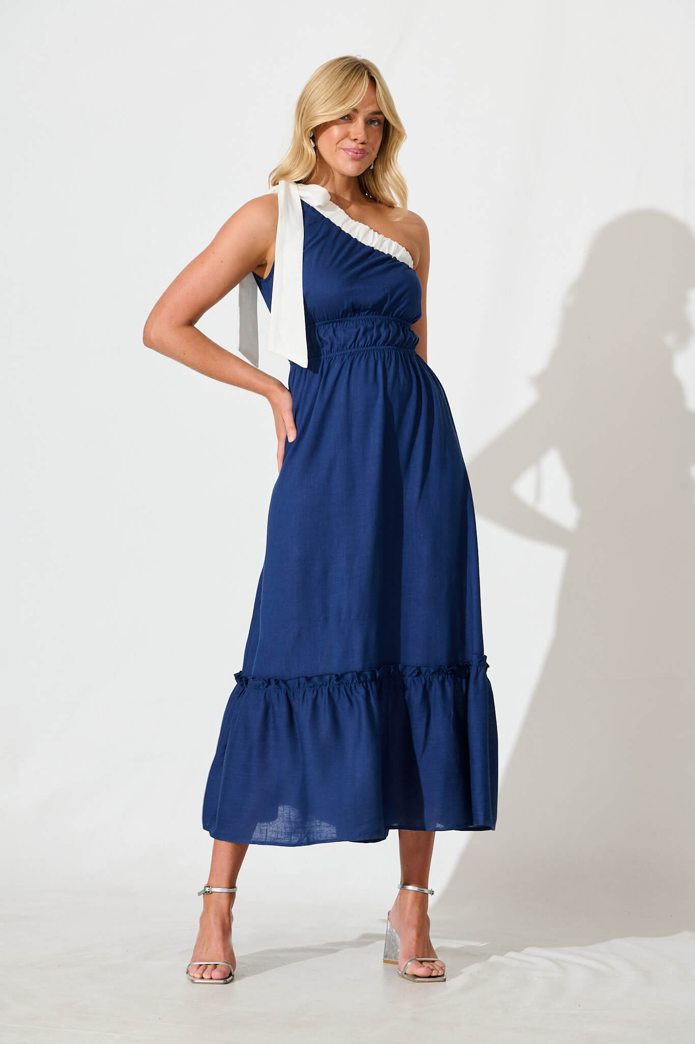 Elika One Shoulder Maxi Dress in Navy with Contrast Trim