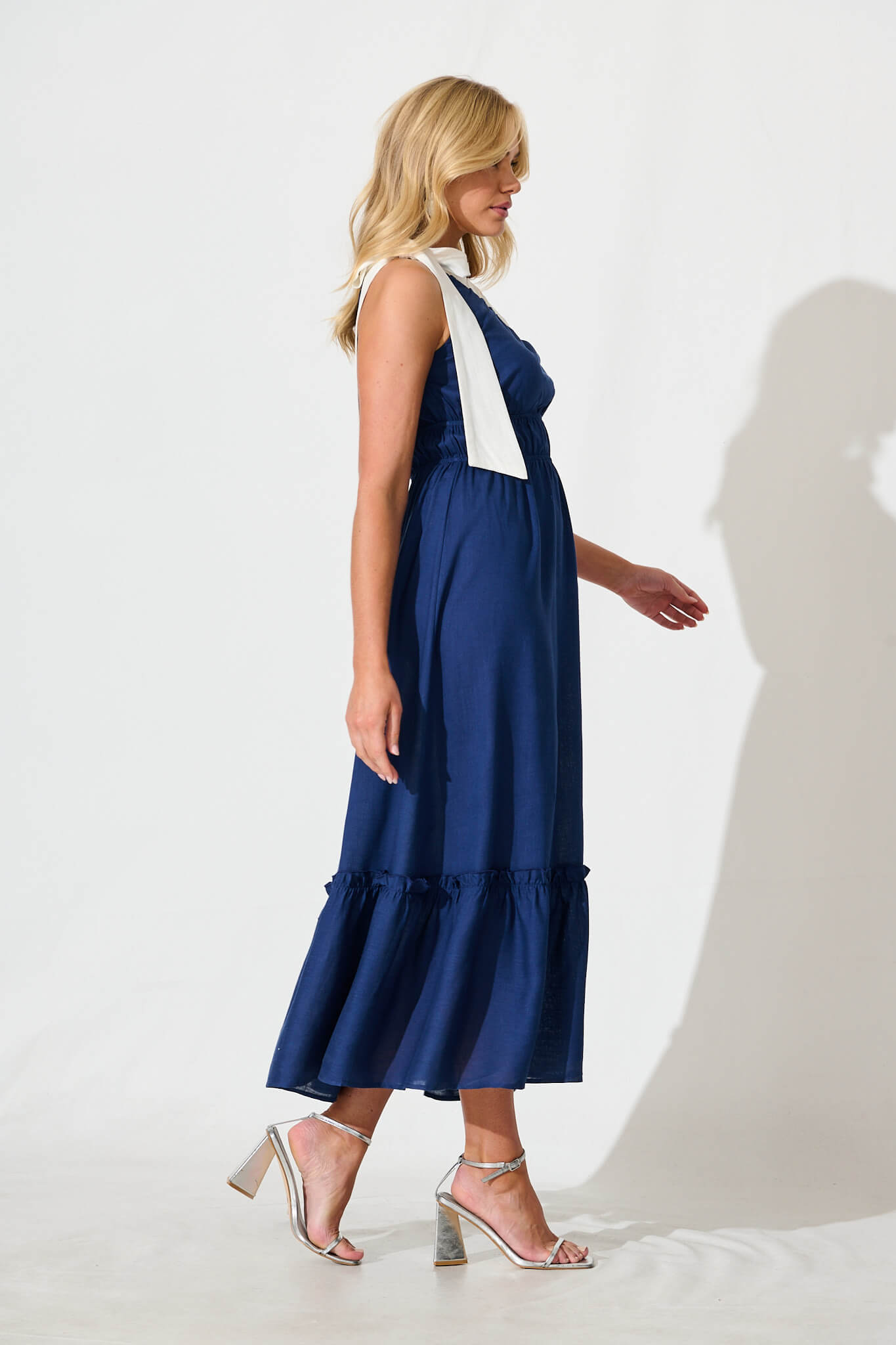 Elika One Shoulder Maxi Dress in Navy with Contrast Trim