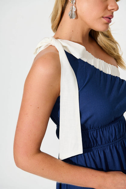 Elika One Shoulder Maxi Dress in Navy with Contrast Trim