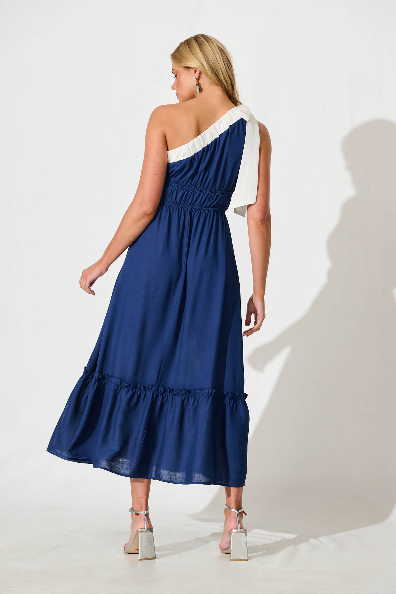 Elika One Shoulder Maxi Dress in Navy with Contrast Trim