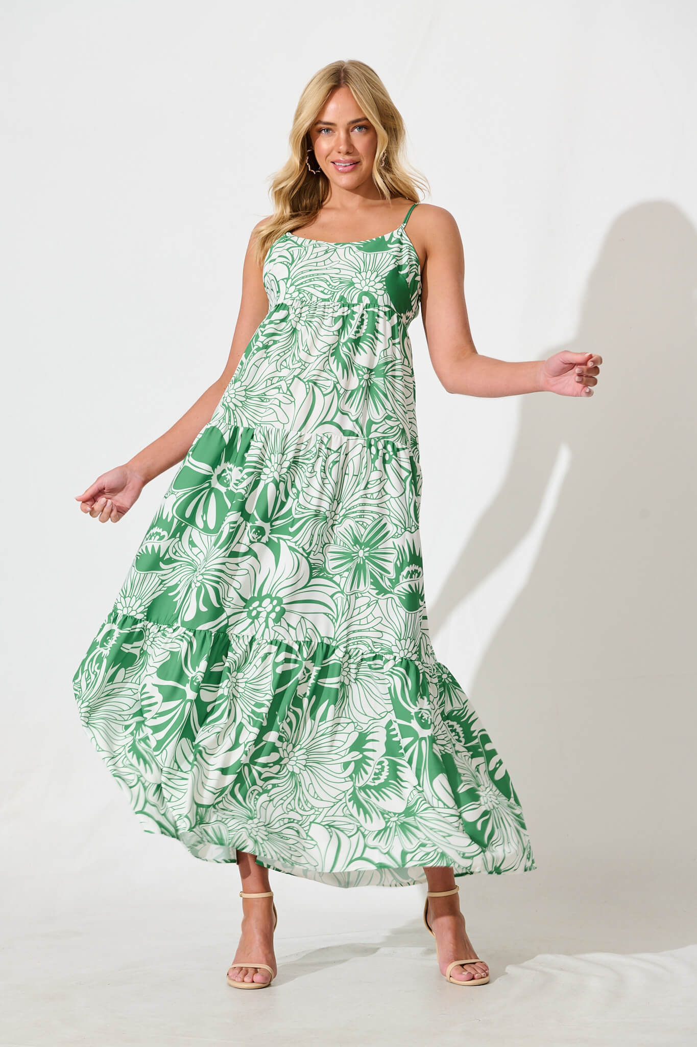 Marlaine Maxi Sundress in White With Green Print