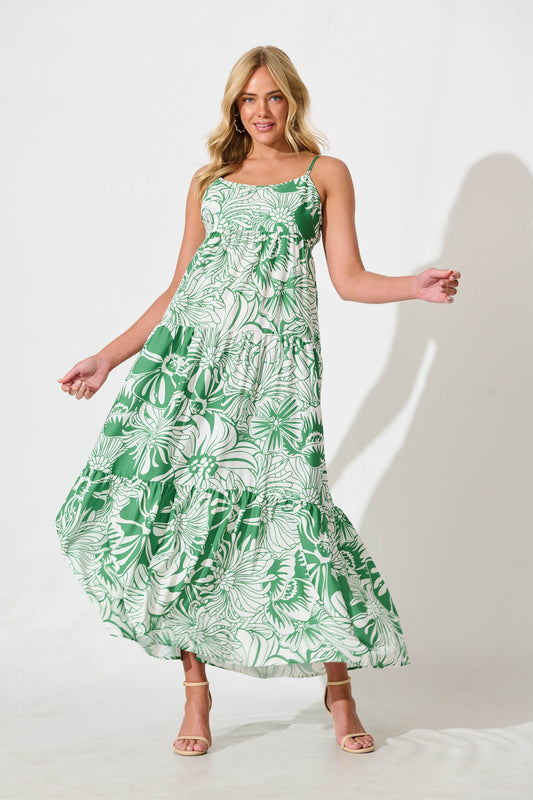 Marlaine Maxi Sundress in White With Green Print