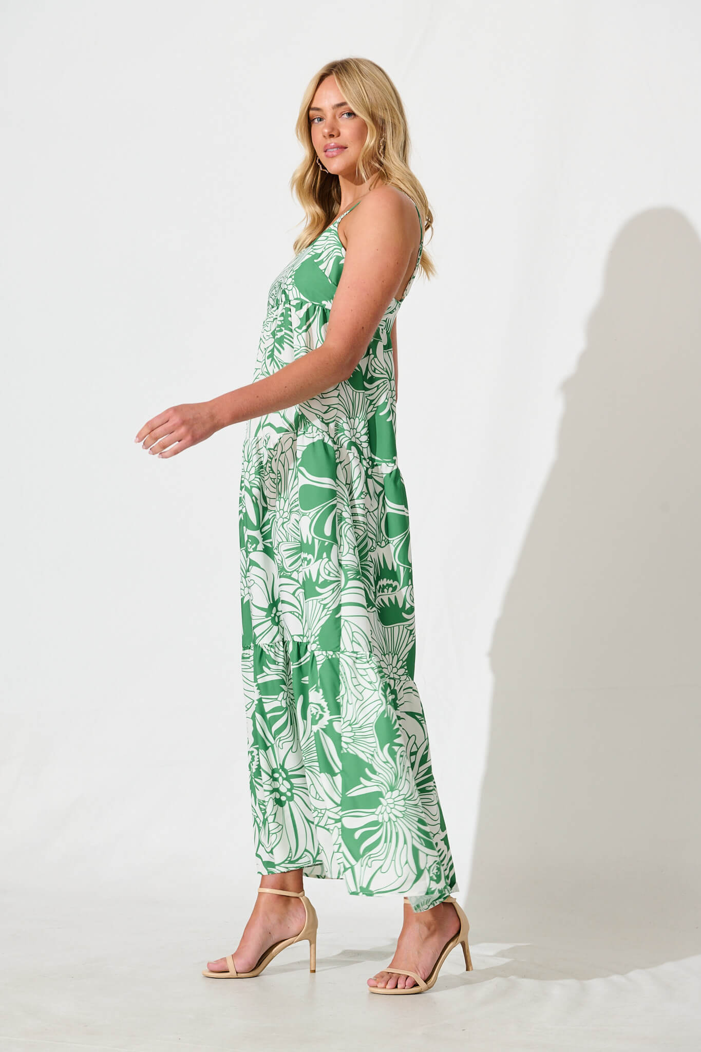 Marlaine Maxi Sundress in White With Green Print
