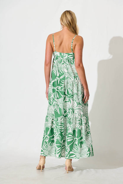 Marlaine Maxi Sundress in White With Green Print