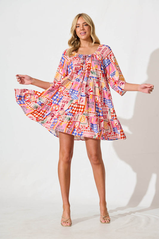 Khalida Smock Dress In Multi Conversational Print