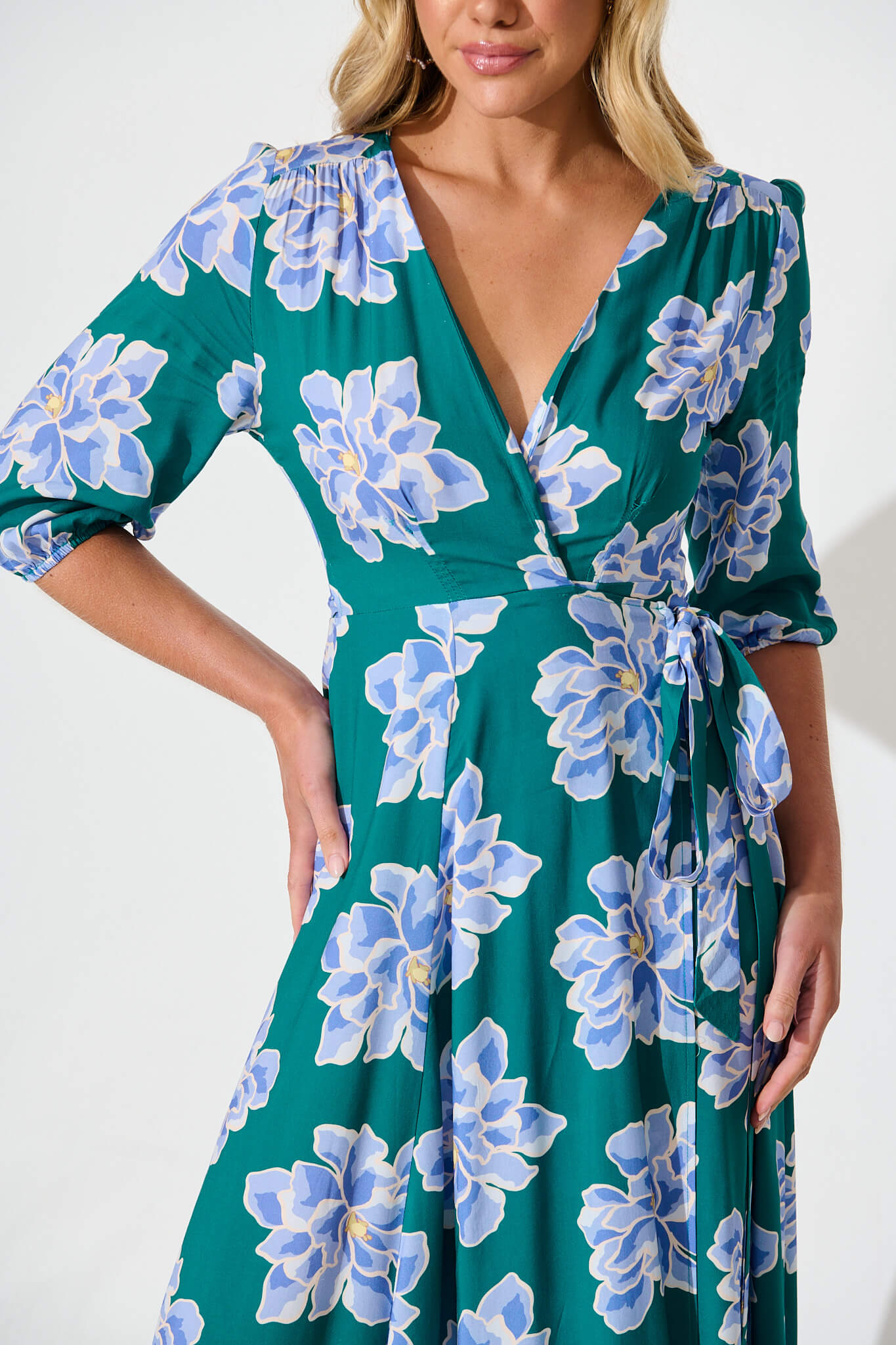 Ronda Maxi Wrap Dress In Emerald With Blue Floral