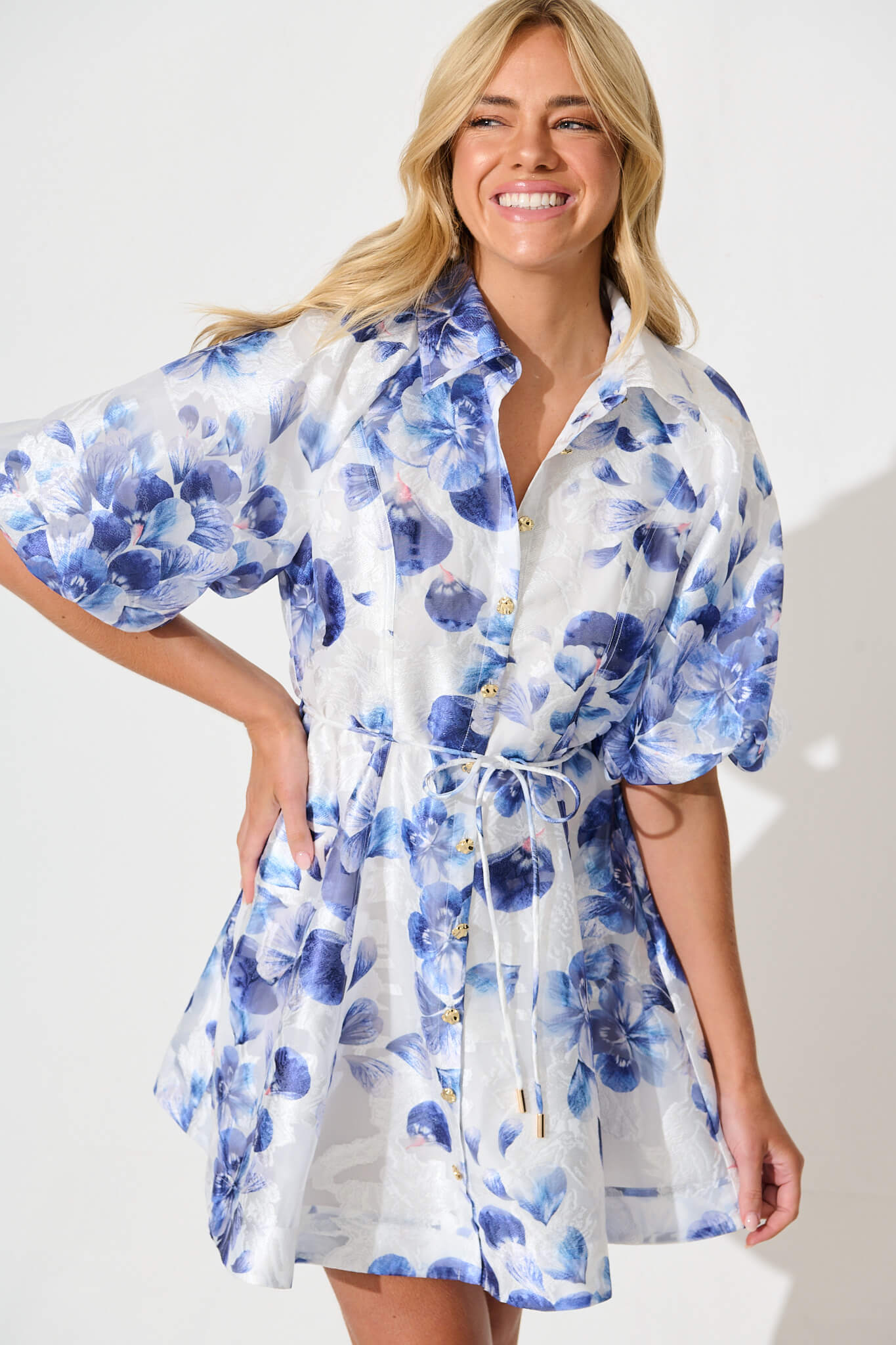 Admirer Shirt Dress in White with Blue Floral Organza