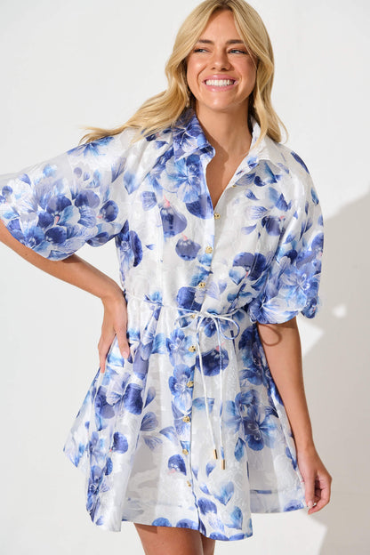 Admirer Shirt Dress in White with Blue Floral Organza