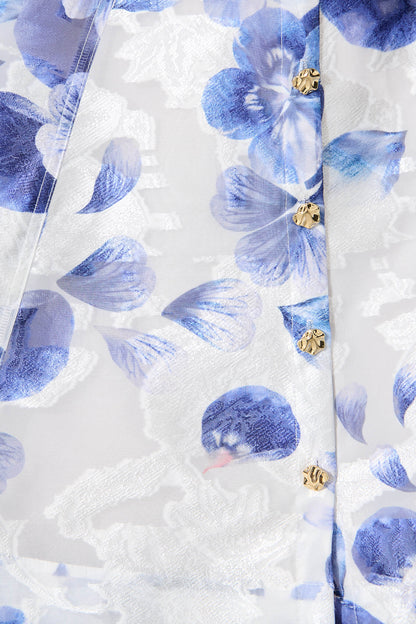 Admirer Shirt Dress in White with Blue Floral Organza