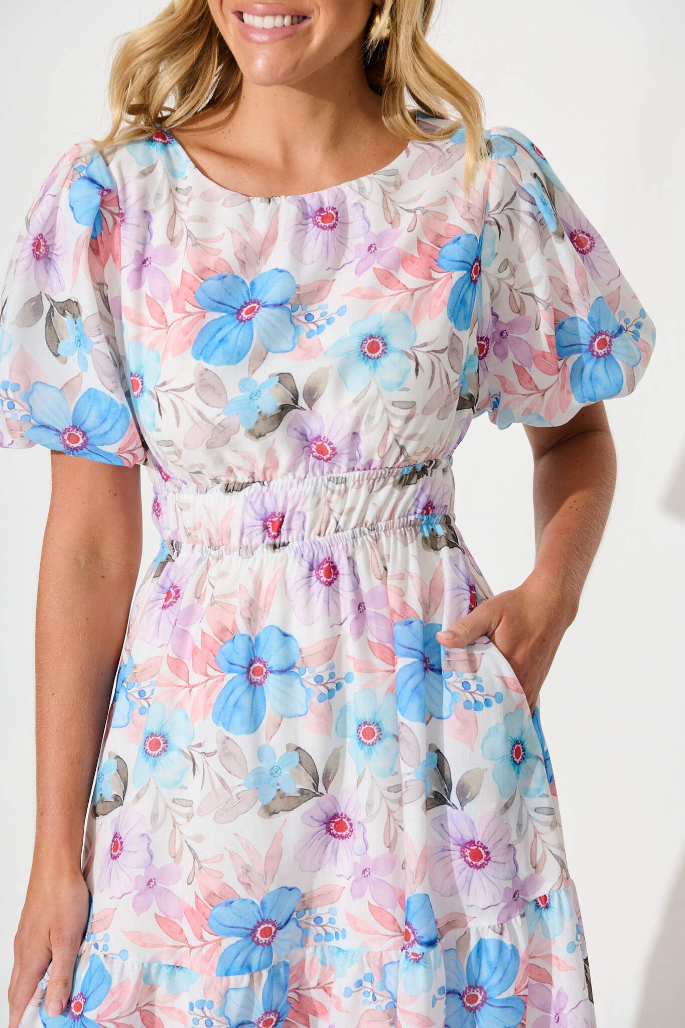 Stargazer Midi Dress in Multi Blue Floral Cotton Blend