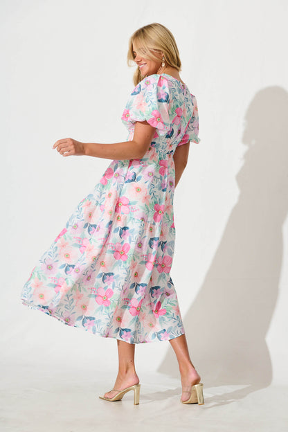 Stargazer Midi Dress in Multi Pink Floral Cotton Blend