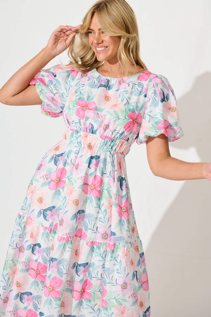 Stargazer Midi Dress in Multi Pink Floral Cotton Blend