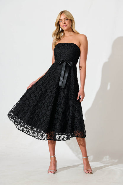 Sia Midi Dress in Black Floral Embroidered Tulle