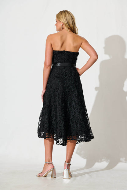 Sia Midi Dress in Black Floral Embroidered Tulle