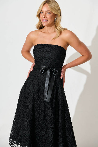 Sia Midi Dress in Black Floral Embroidered Tulle