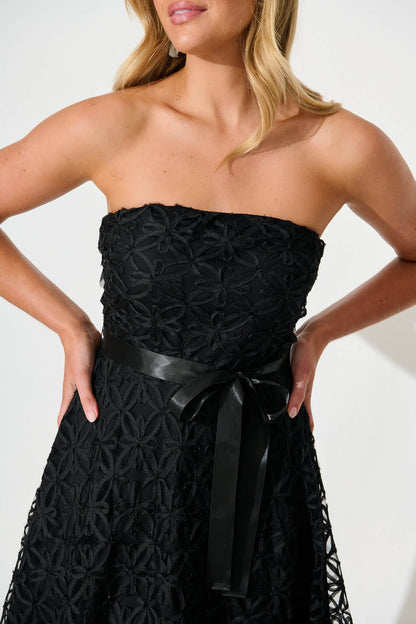 Sia Midi Dress in Black Floral Embroidered Tulle