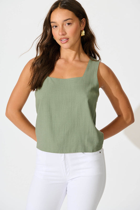 Tiami Cami Top In Khaki Linen Blend