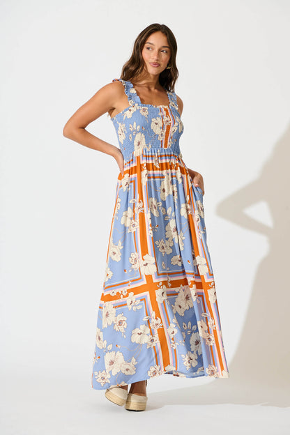 Evanston Maxi Dress In Blue with Cream Flower