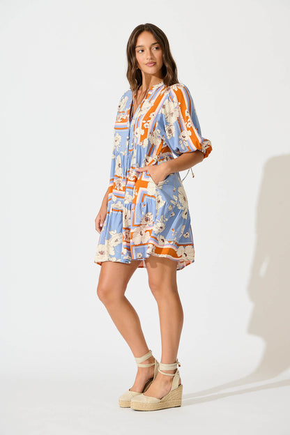 Emelyn Smock Dress In Blue with Cream Flower