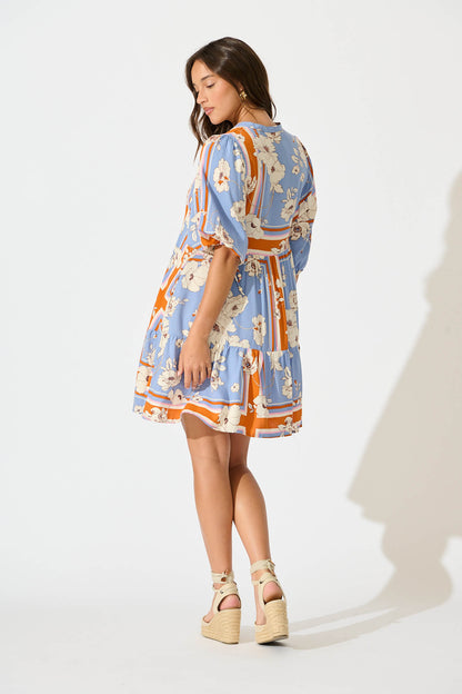 Emelyn Smock Dress In Blue with Cream Flower
