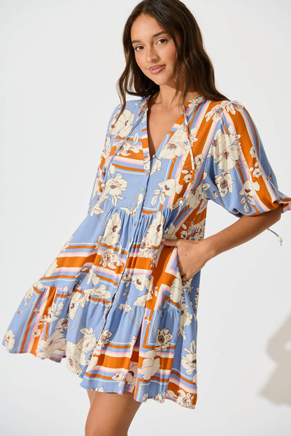 Emelyn Smock Dress In Blue with Cream Flower