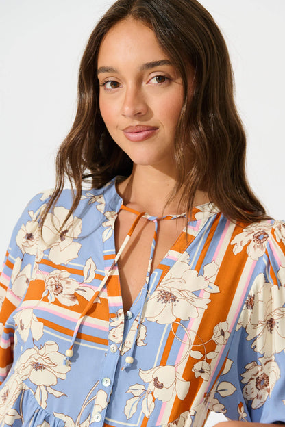 Emelyn Smock Dress In Blue with Cream Flower