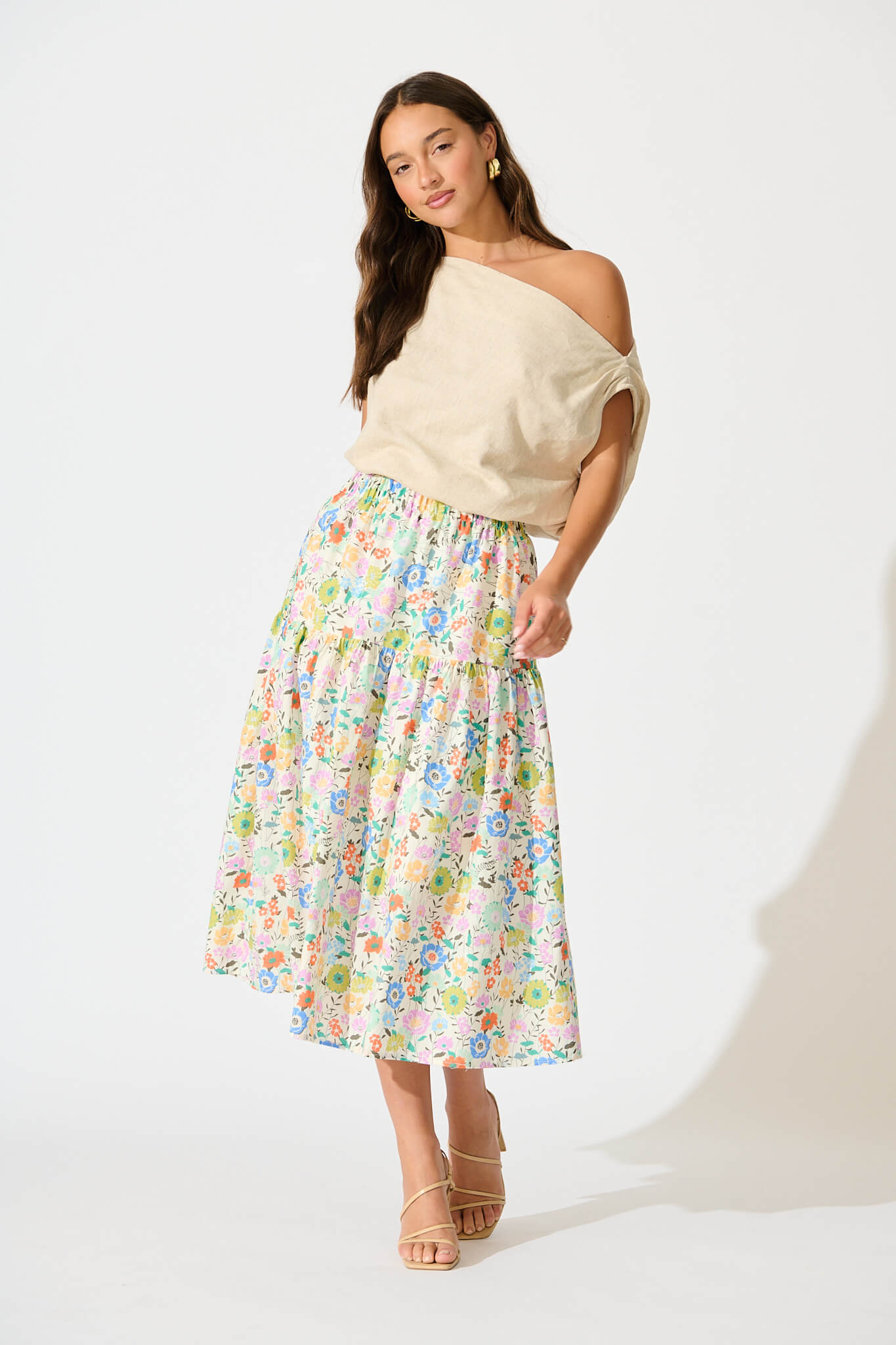 Finola Midi Skirt in White Multi Floral Print Cotton