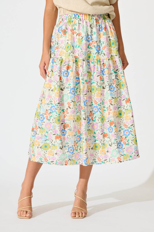 Finola Midi Skirt in White Multi Floral Print Cotton
