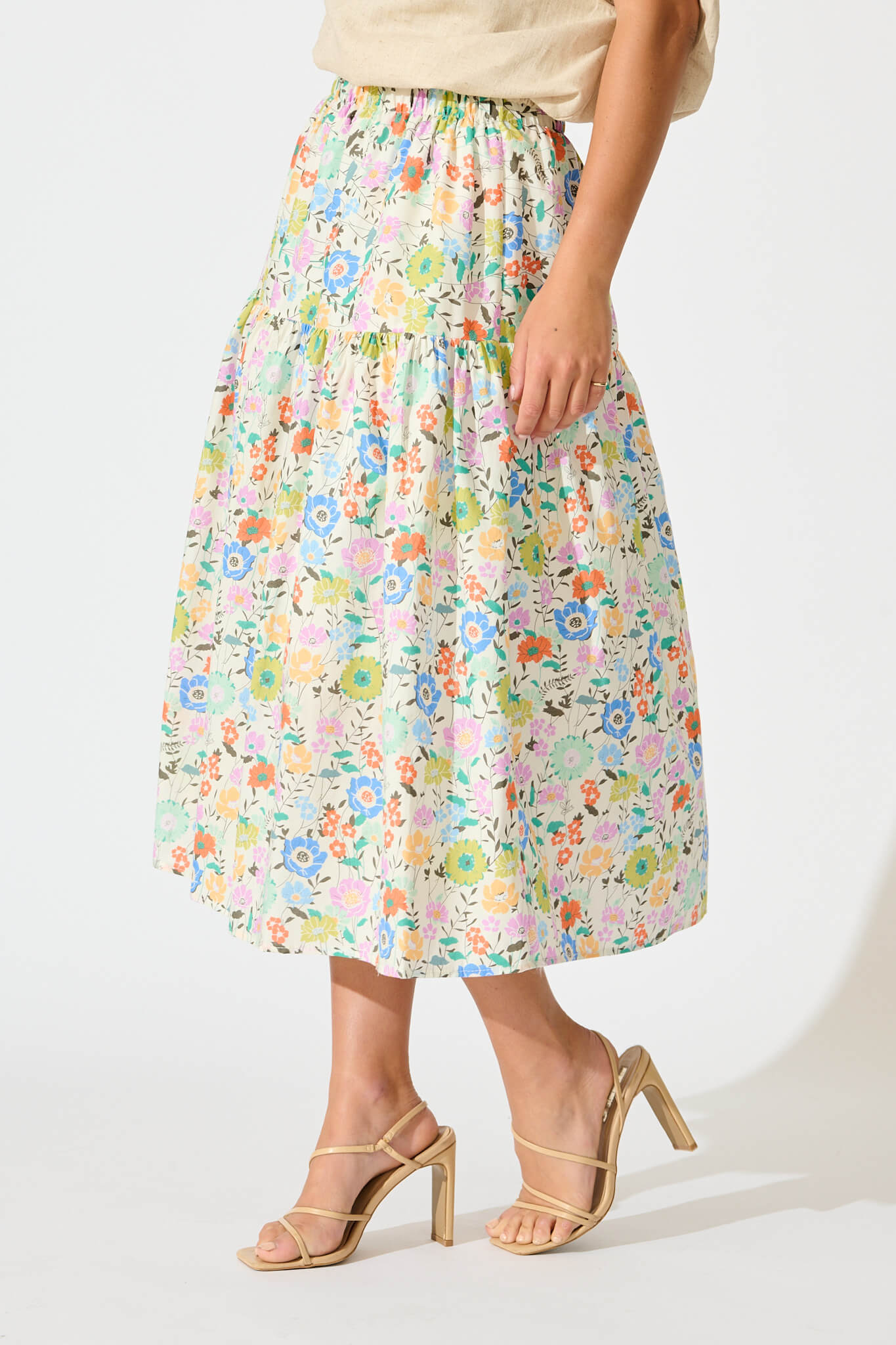 Finola Midi Skirt in White Multi Floral Print Cotton
