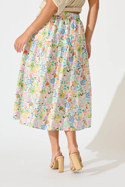 Finola Midi Skirt in White Multi Floral Print Cotton