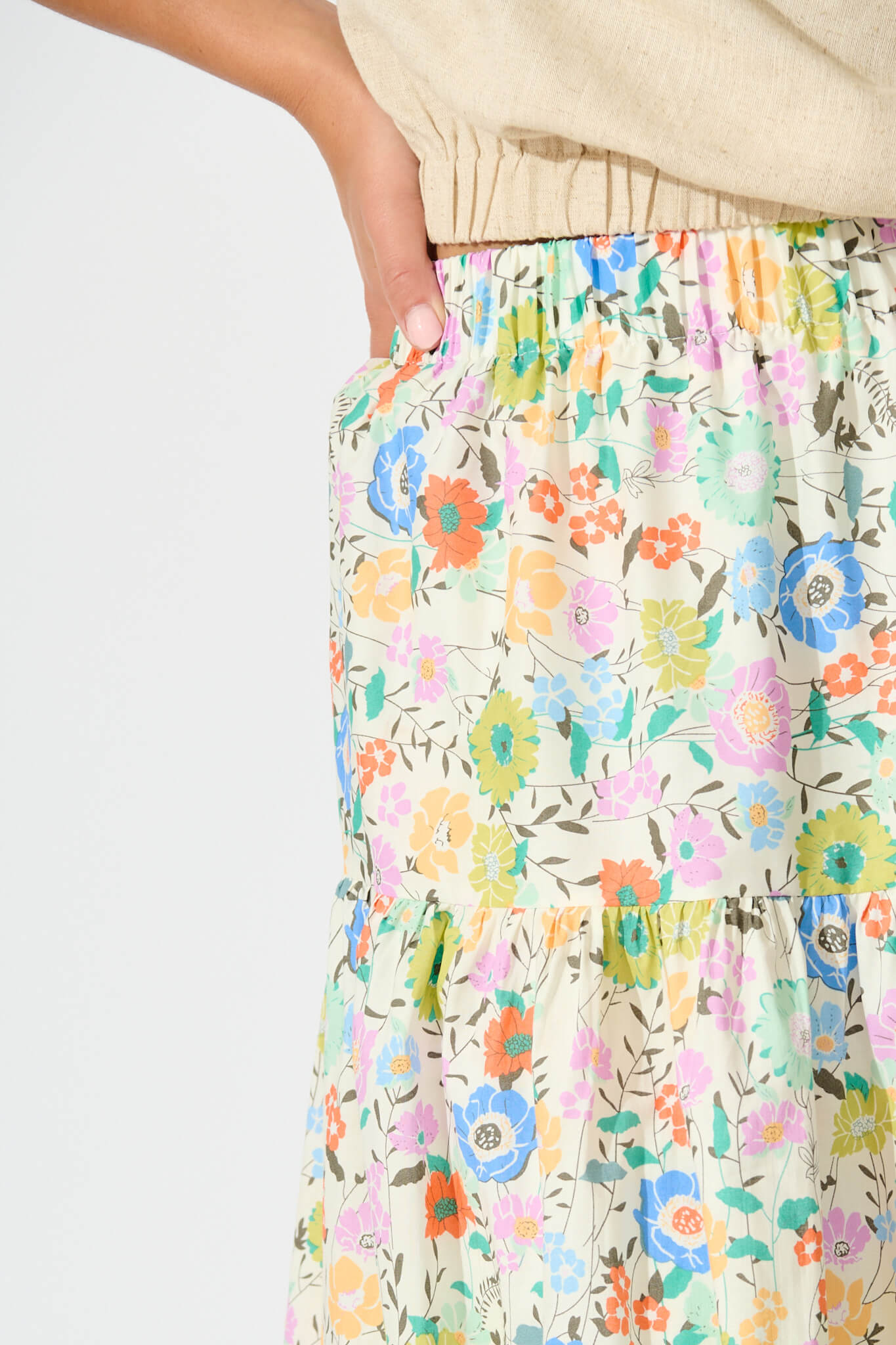 Finola Midi Skirt in White Multi Floral Print Cotton