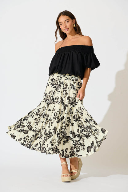 Tinisie Midi Skirt in Cream with Black Floral Chiffon
