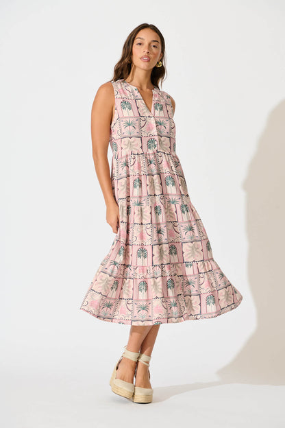 Verdona Midi Smock Dress in Blush Patchwork Palm Print