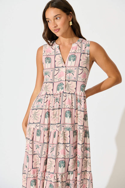 Verdona Midi Smock Dress in Blush Patchwork Palm Print