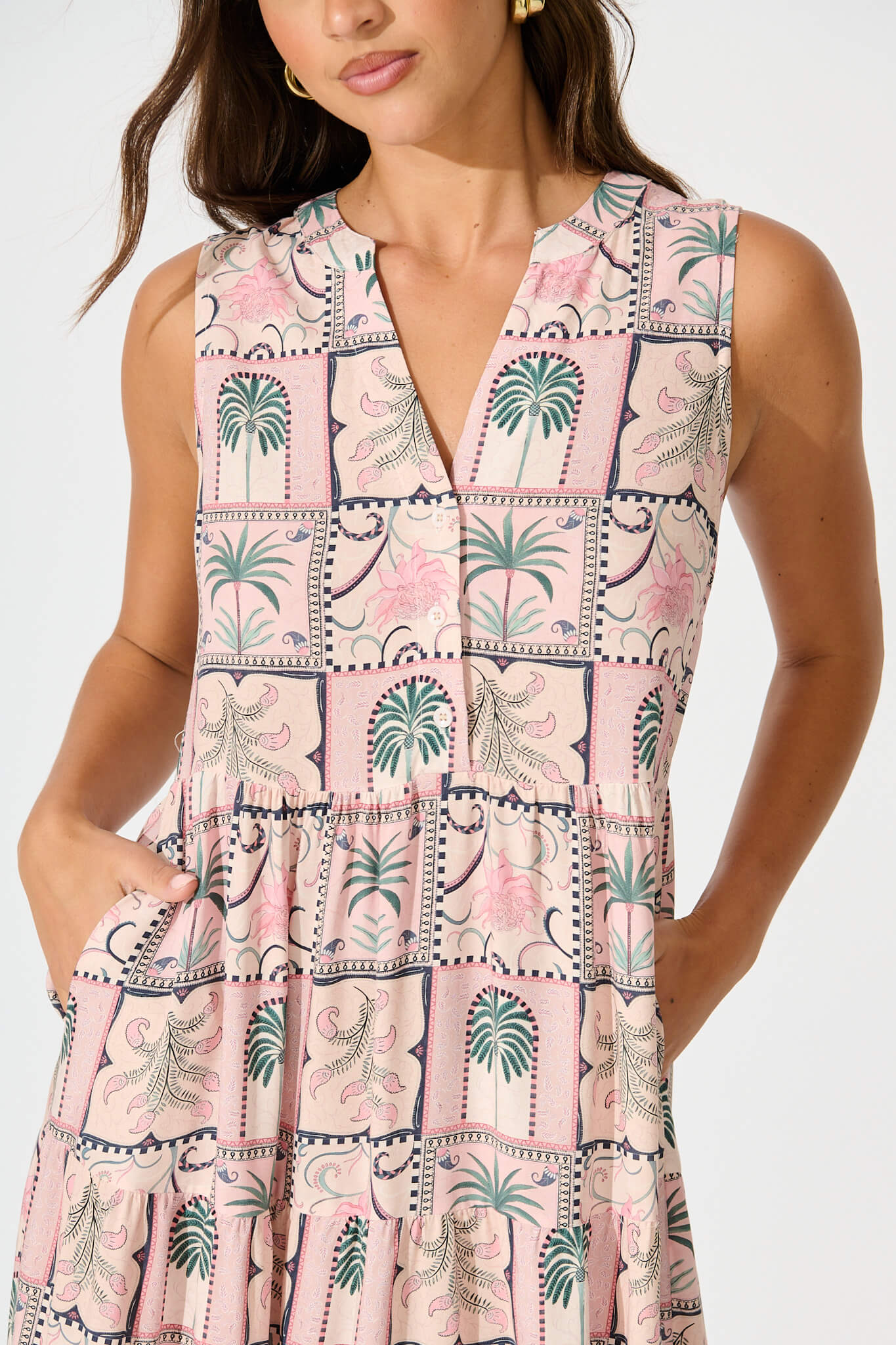 Verdona Midi Smock Dress in Blush Patchwork Palm Print