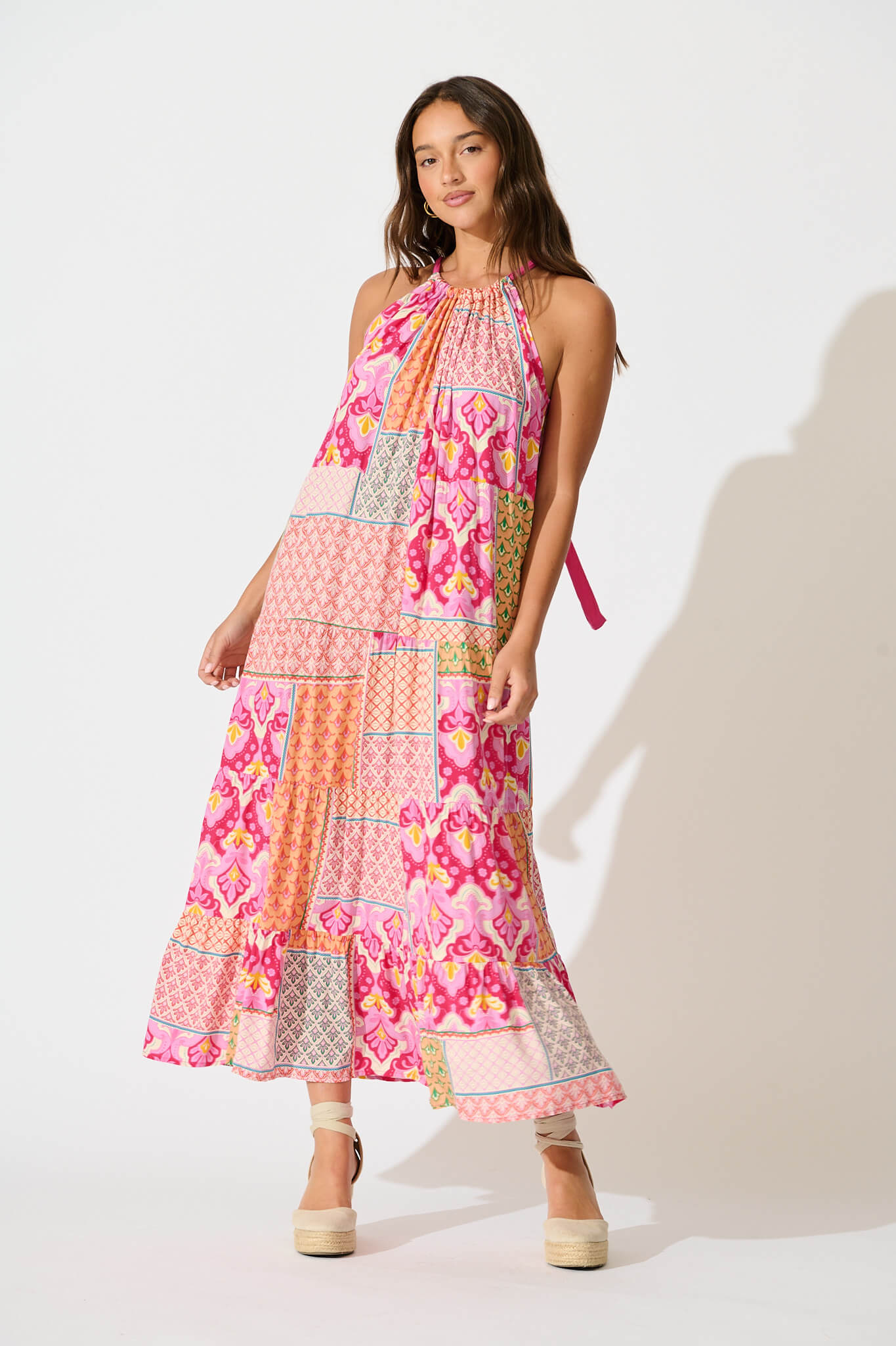 Lioni Midi Sundress in Pink Multi Patchwork