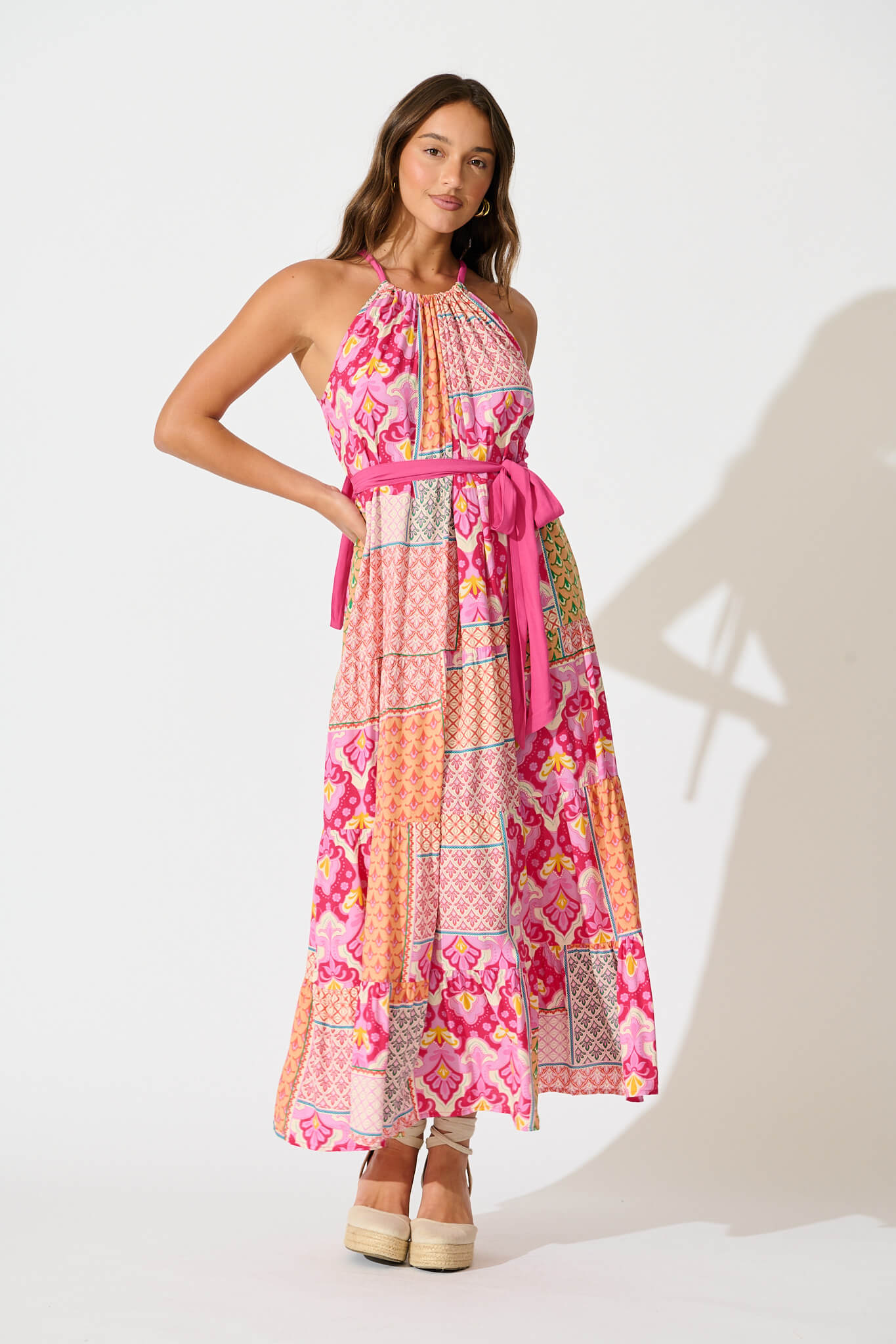 Lioni Midi Sundress in Pink Multi Patchwork