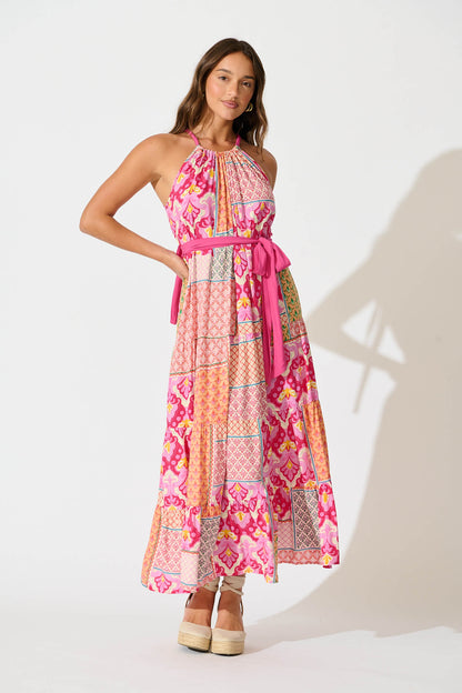 Lioni Midi Sundress in Pink Multi Patchwork