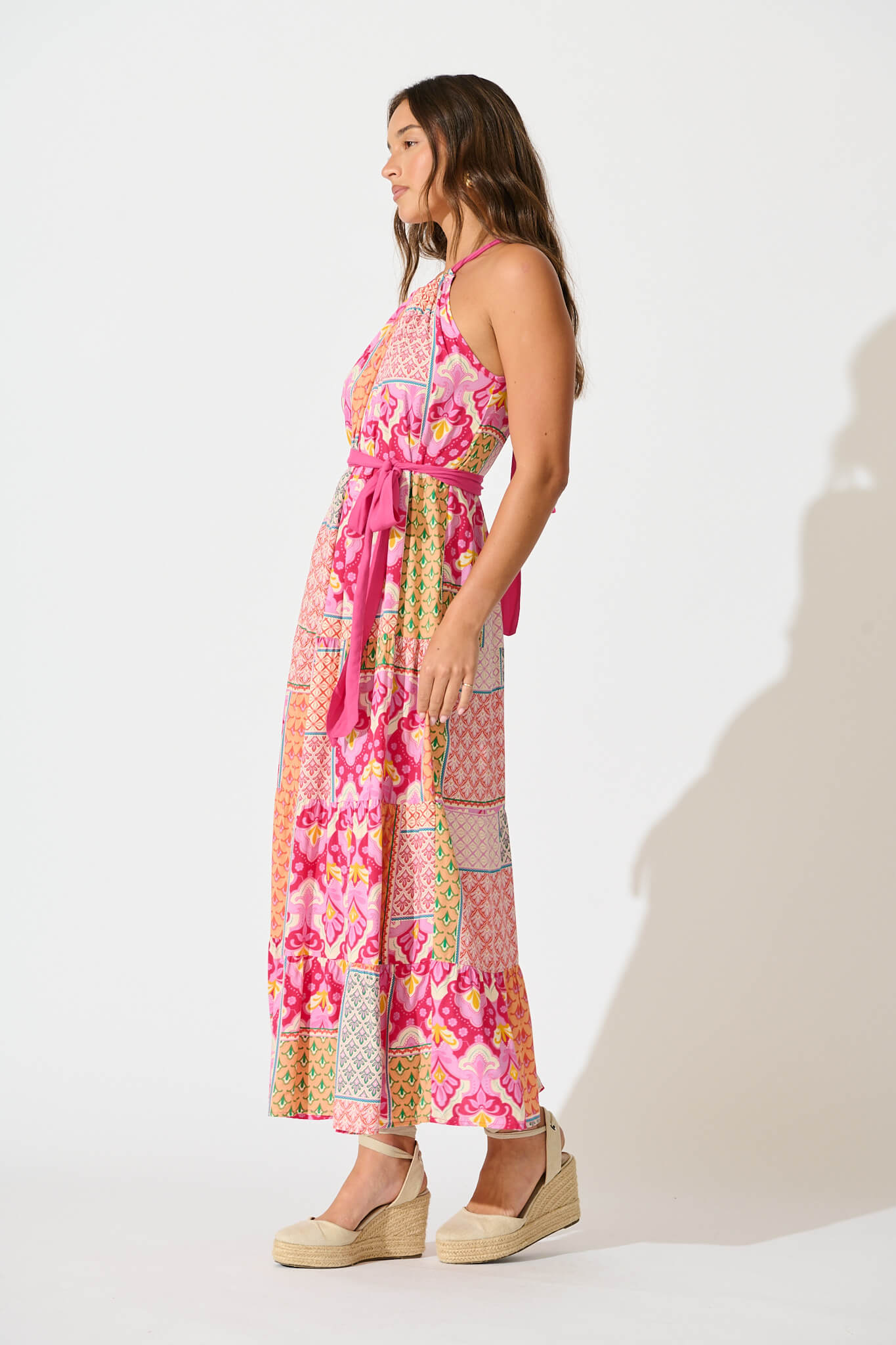 Lioni Midi Sundress in Pink Multi Patchwork